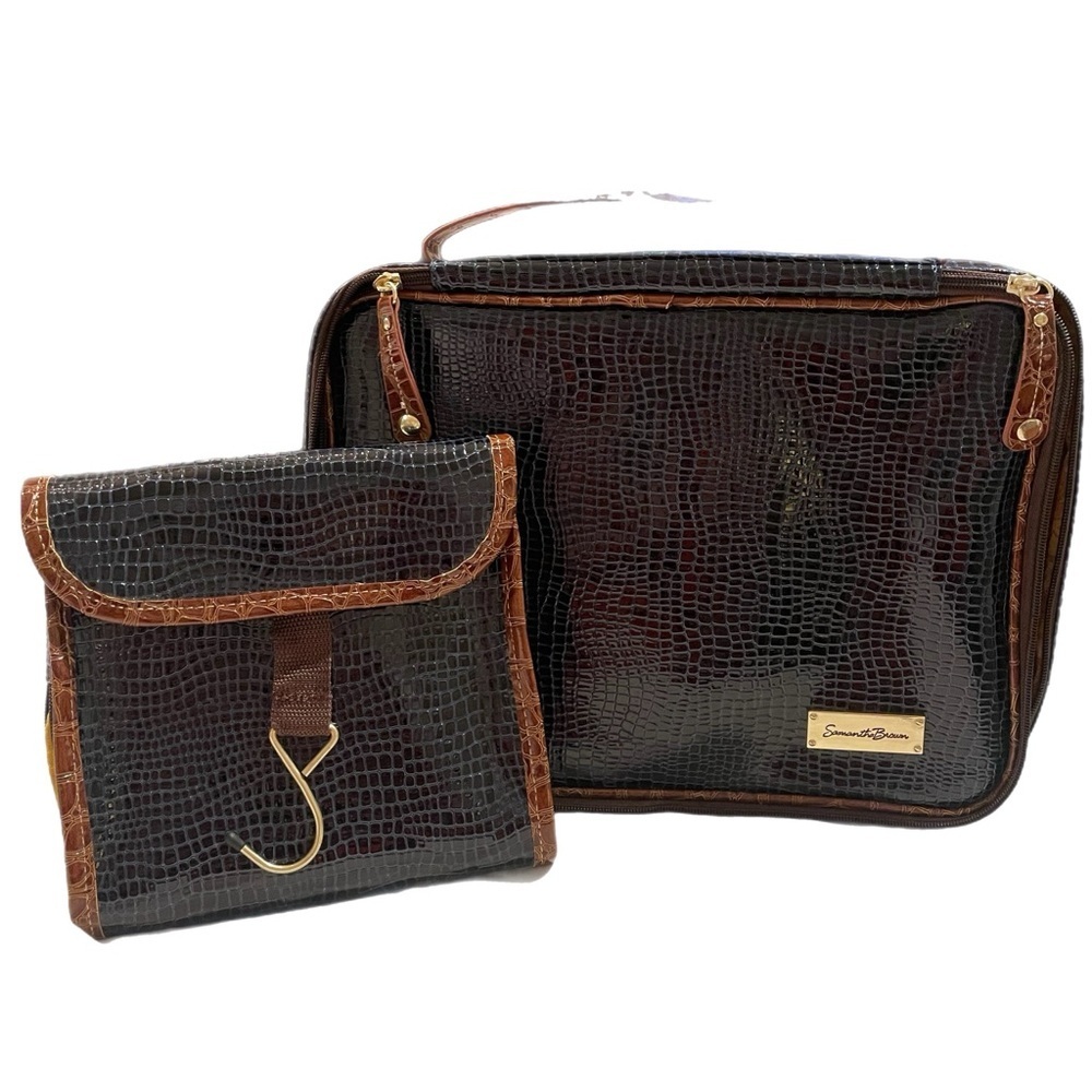 Samantha Brown 2 piece travel set in navy with brown trim gold interior P1